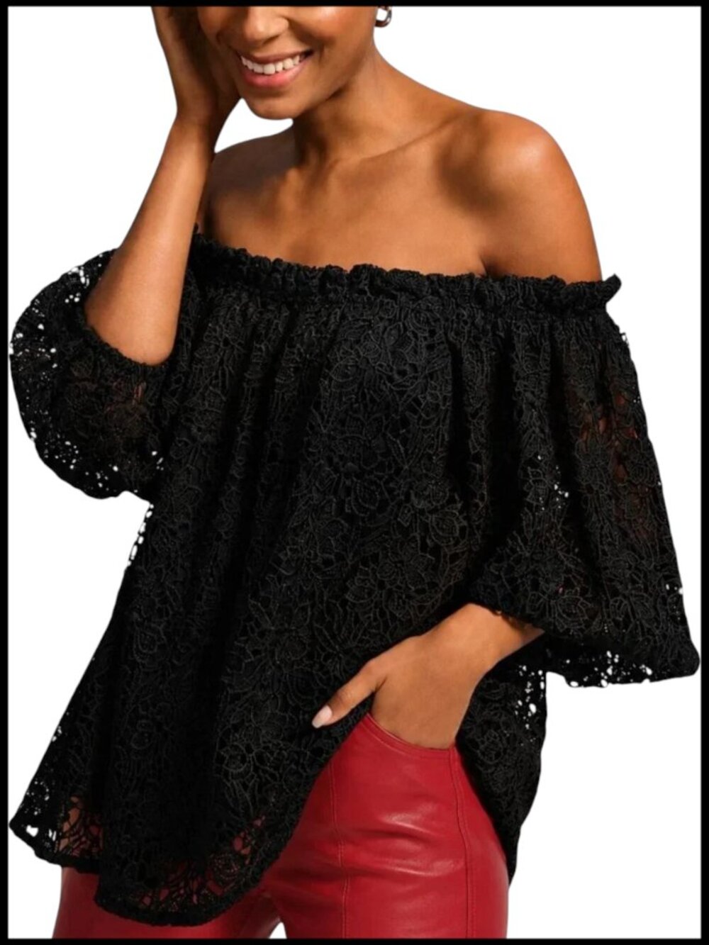Maeve Anthropologie Black Lace Off Shoulder Blouse XS